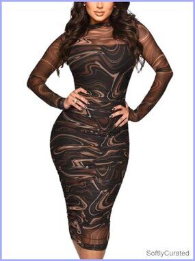Sheer Mesh Midi Dress 2 Piece Bodycon Set Long Sleeve Crew Neck Party Club